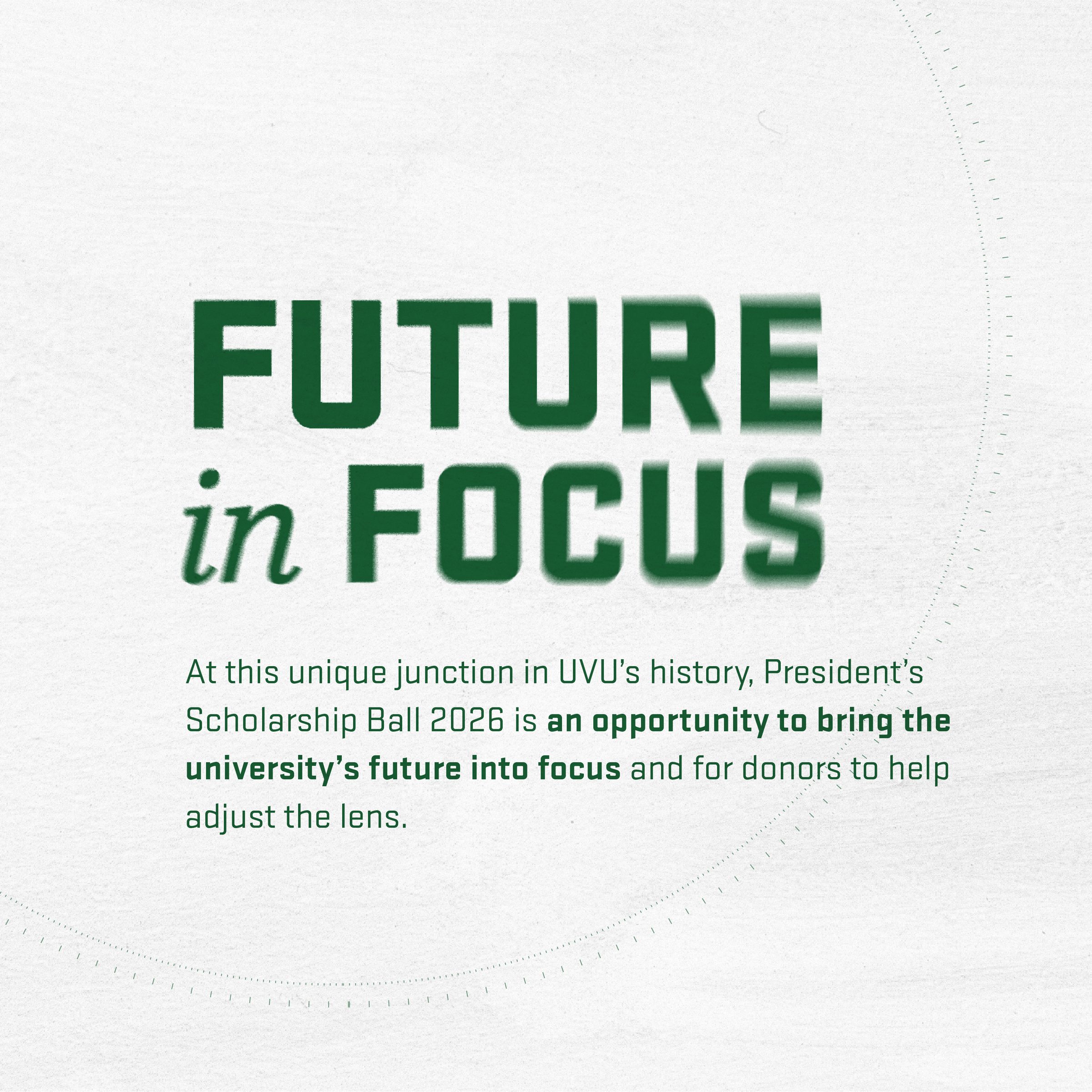 Future in Focus headline in green on off-white, with the campaign statement about donors helping adjust the lens