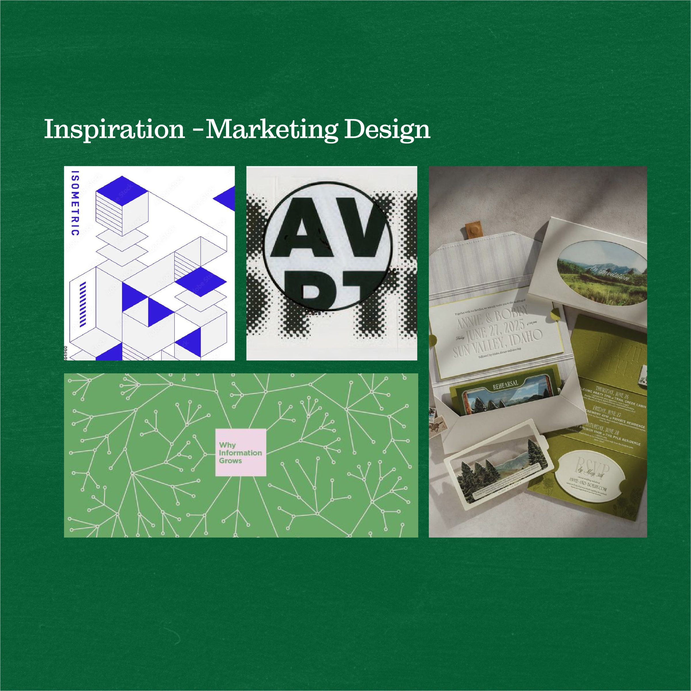 Marketing design inspiration board: isometric print, halftone type, and a layered invitation suite