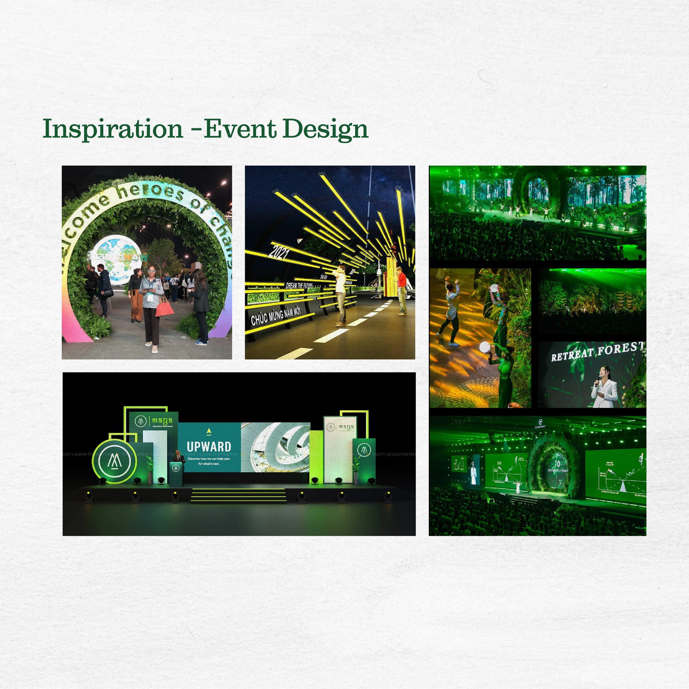 Event design inspiration board: green-lit entry arches, stage builds, and immersive projection