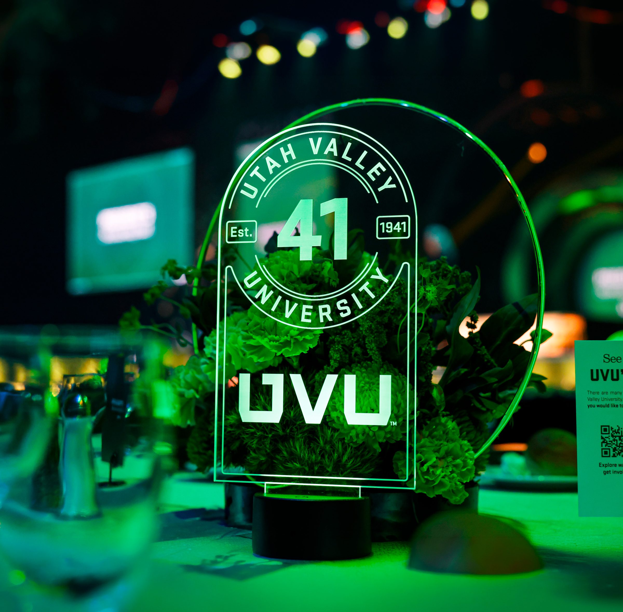 Glowing acrylic table number: the Utah Valley University seal with the number 41 over the UVU wordmark
